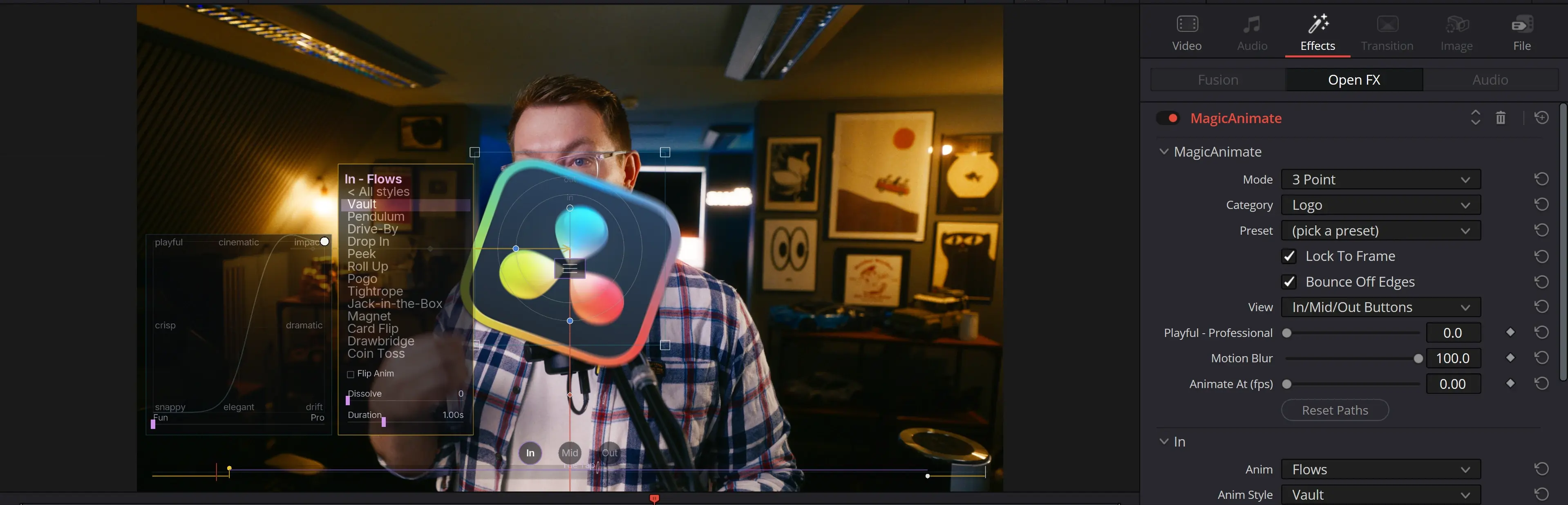 MagicAnimate running inside DaVinci Resolve: the OpenFX panel showing 3 Point mode, the animation style list and the physics curve, over a clip in the viewer